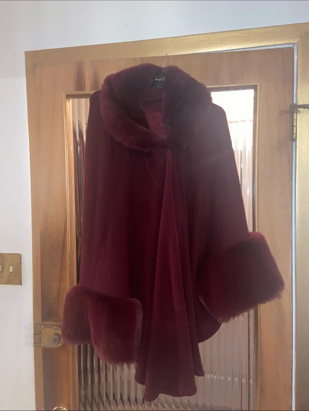 Elegant Burgundy Faux-Fur Trim Cape Coat by